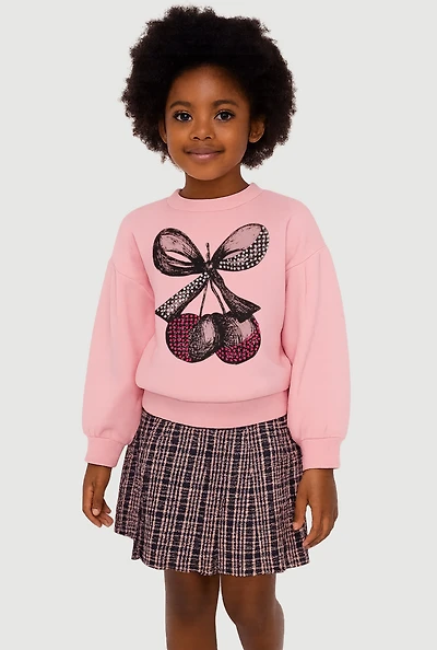 Little Girls Rhinestone Bow Cherry Graphic Sweatshirt and Plaid Pleated Skirt, Pink, Size 6X