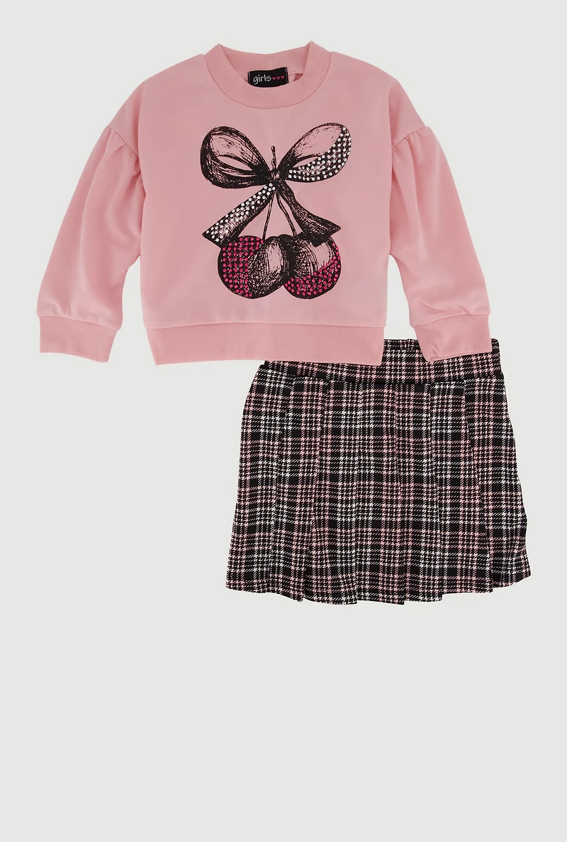 Little Girls Rhinestone Bow Cherry Graphic Sweatshirt and Plaid Pleated Skirt, Pink, Size 6X