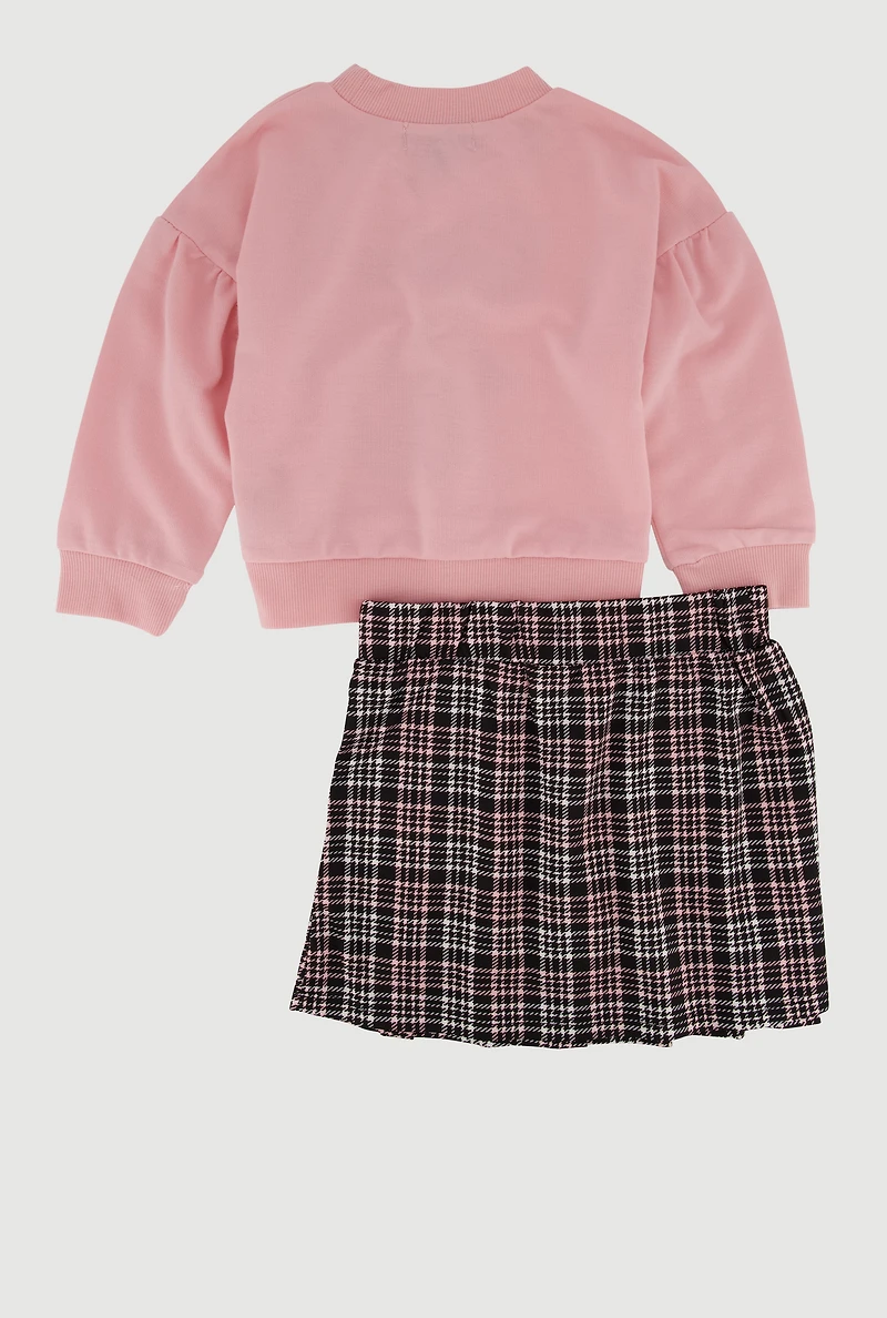 Little Girls Rhinestone Bow Cherry Graphic Sweatshirt and Plaid Pleated Skirt, Pink, Size 6X
