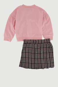 Little Girls Rhinestone Bow Cherry Graphic Sweatshirt and Plaid Pleated Skirt, Pink, Size 6X