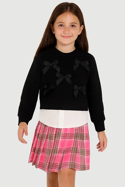 Little Girls Bow Detail Layered Look Sweatshirt and Plaid Pleated Skirt, Black, Size 5-6