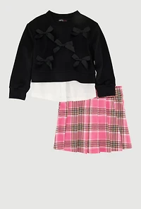 Little Girls Bow Detail Layered Look Sweatshirt and Plaid Pleated Skirt, Black, Size 5-6