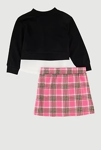 Little Girls Bow Detail Layered Look Sweatshirt and Plaid Pleated Skirt, Black, Size 5-6