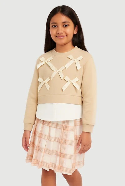 Little Girls Bow Detail Layered Look Sweatshirt and Plaid Pleated Skirt, Beige, Size 5-6