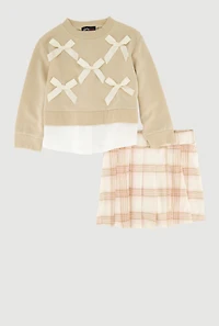 Little Girls Bow Detail Layered Look Sweatshirt and Plaid Pleated Skirt, Beige, Size 5-6