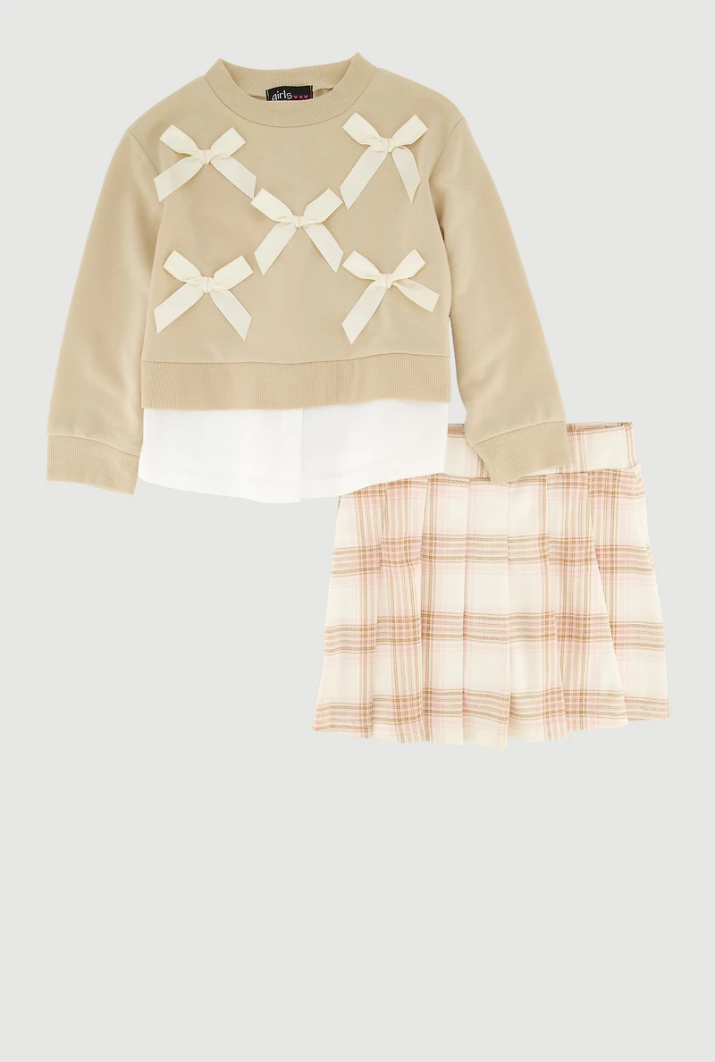 Little Girls Bows Layered Look Sweatshirt and Plaid Pleated Skirt, 4