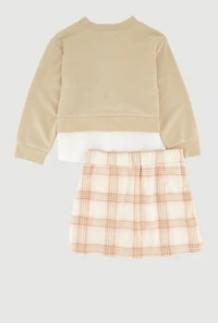 Little Girls Bow Detail Layered Look Sweatshirt and Plaid Pleated Skirt, Beige, Size 5-6
