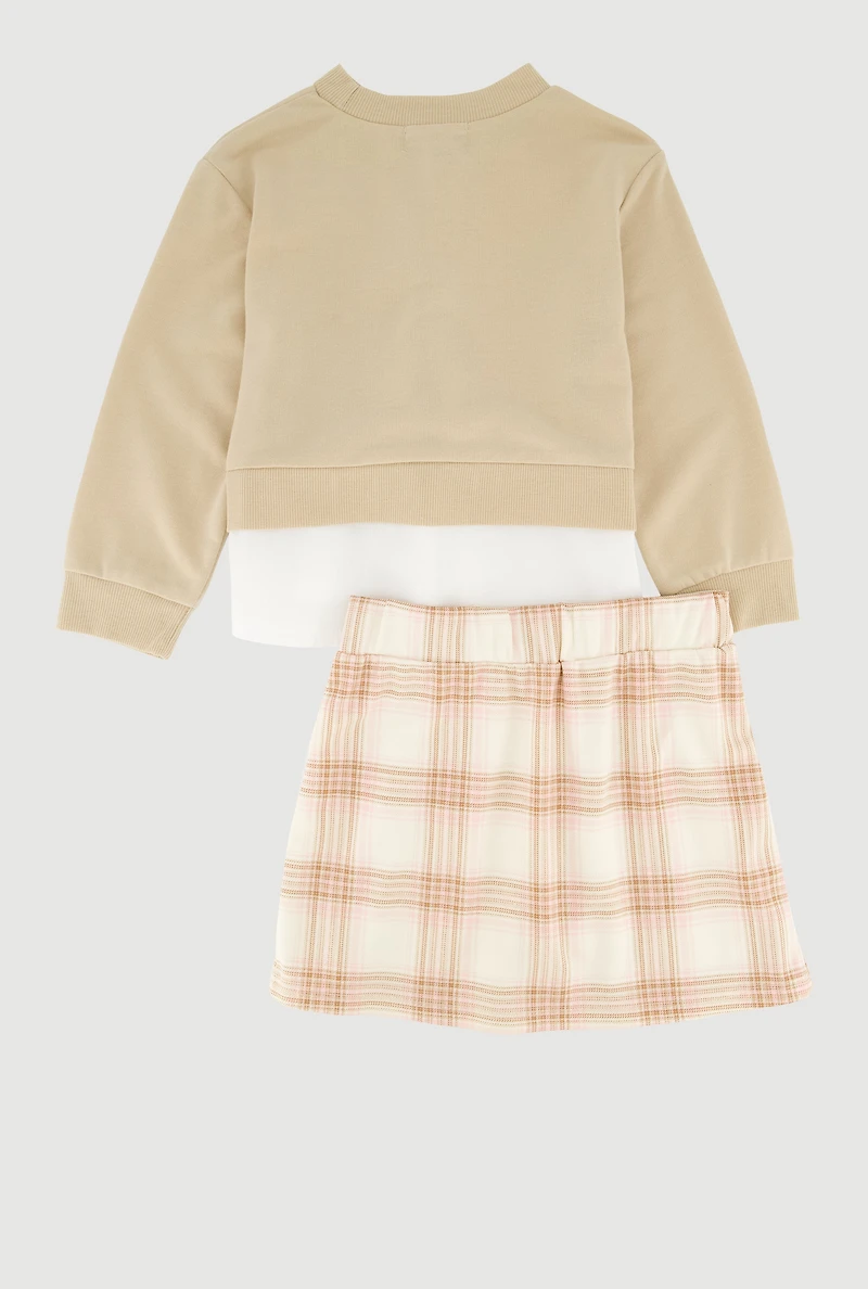 Little Girls Bows Layered Look Sweatshirt and Plaid Pleated Skirt, 4