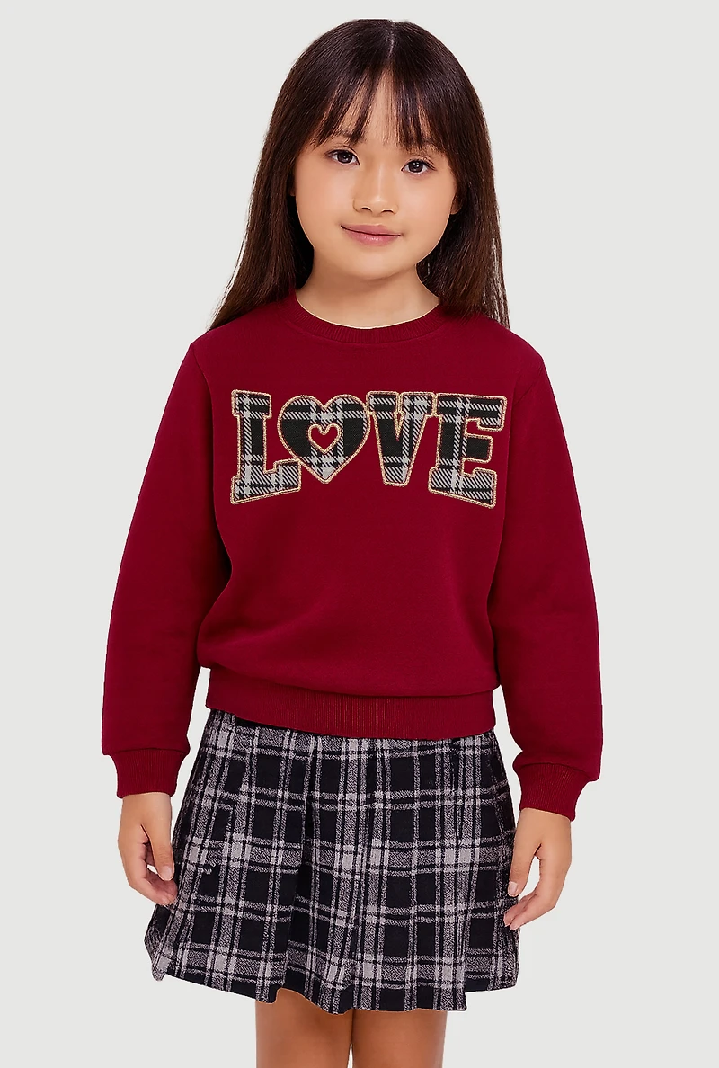 Little Girls Plaid Love Graphic Sweatshirt and Pleated Skirt, Burgundy, Size 5-6