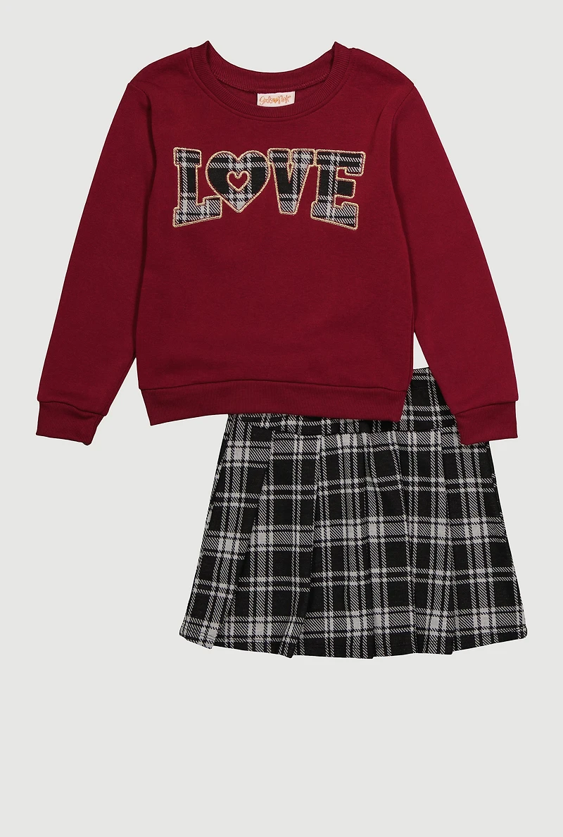 Little Girls Plaid Love Graphic Sweatshirt and Pleated Skirt, Burgundy, Size 5-6