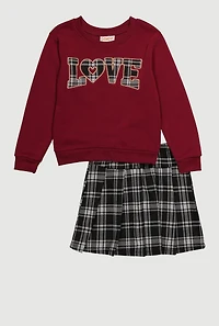 Little Girls Plaid Love Graphic Sweatshirt and Pleated Skirt, Burgundy, Size 5-6
