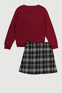 Little Girls Plaid Love Graphic Sweatshirt and Pleated Skirt, Burgundy, Size 4