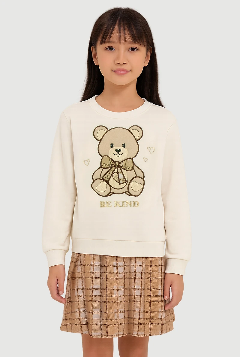 Little Girls Be Kind Bear Graphic Sweatshirt and Plaid Pleated Skirt, Beige,