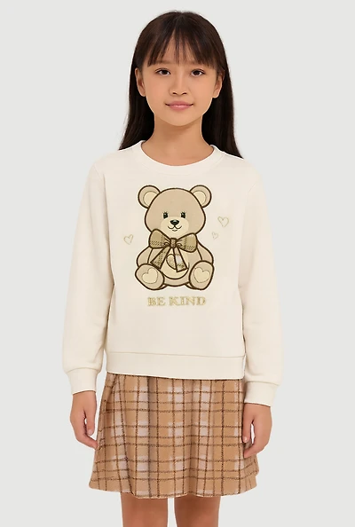 Little Girls Be Kind Bear Graphic Sweatshirt and Plaid Pleated Skirt, Beige,