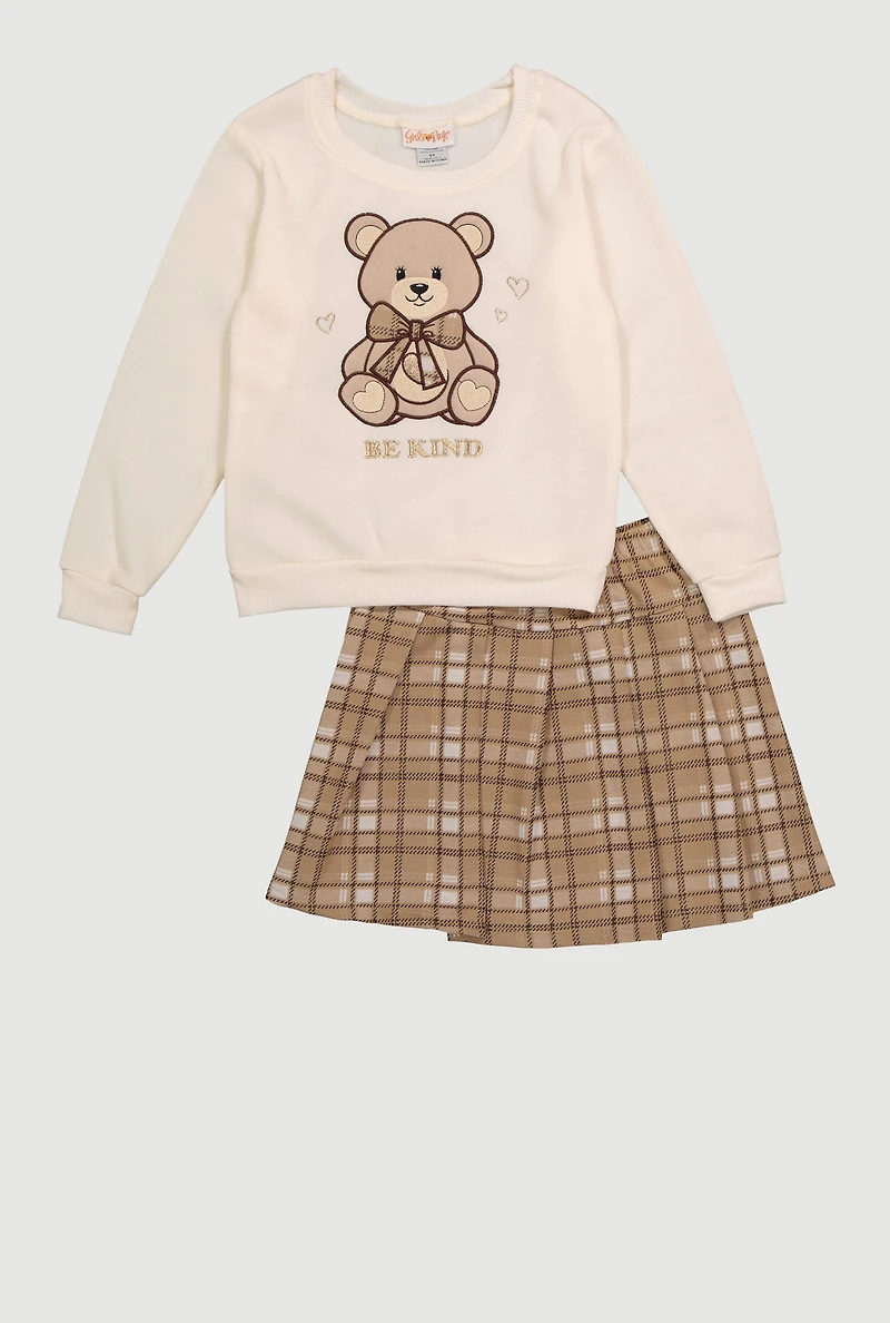 Little Girls Be Kind Bear Graphic Sweatshirt and Plaid Pleated Skirt, Beige,