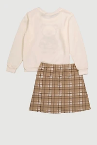 Little Girls Be Kind Bear Graphic Sweatshirt and Plaid Pleated Skirt, Beige,