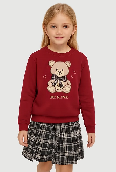 Little Girls Be Kind Bear Graphic Sweatshirt and Plaid Pleated Skirt, Burgundy, Size 5-6