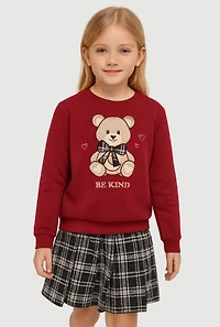 Little Girls Be Kind Bear Graphic Sweatshirt and Plaid Pleated Skirt, Burgundy,