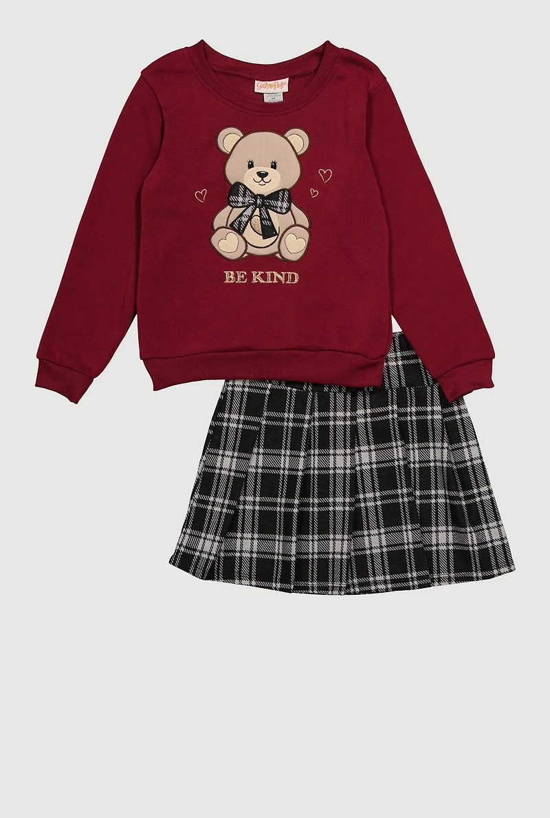 Little Girls Be Kind Bear Graphic Sweatshirt and Plaid Pleated Skirt, Burgundy,