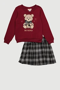 Little Girls Be Kind Bear Graphic Sweatshirt and Plaid Pleated Skirt, Burgundy,