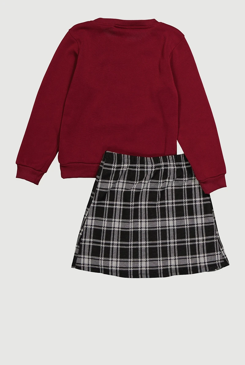 Little Girls Be Kind Bear Graphic Sweatshirt and Plaid Pleated Skirt, Burgundy,