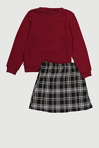 Little Girls Be Kind Bear Graphic Sweatshirt and Plaid Pleated Skirt, Burgundy,