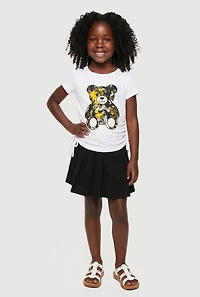 Little Girls Bear Graphic Ruched T-Shirt and Skirt Set