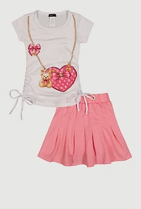 Little Girls Rhinestone Heart Purse Graphic Tee and Pleated Skirt