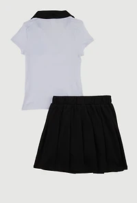 Little Girls Rhinestone Smiley Polo Shirt and Pleated Skirt, Black, Size 4