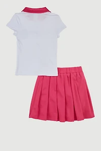 Little Girls Rhinestone Smiley Polo Shirt and Pleated Skirt, Pink, Size 6X