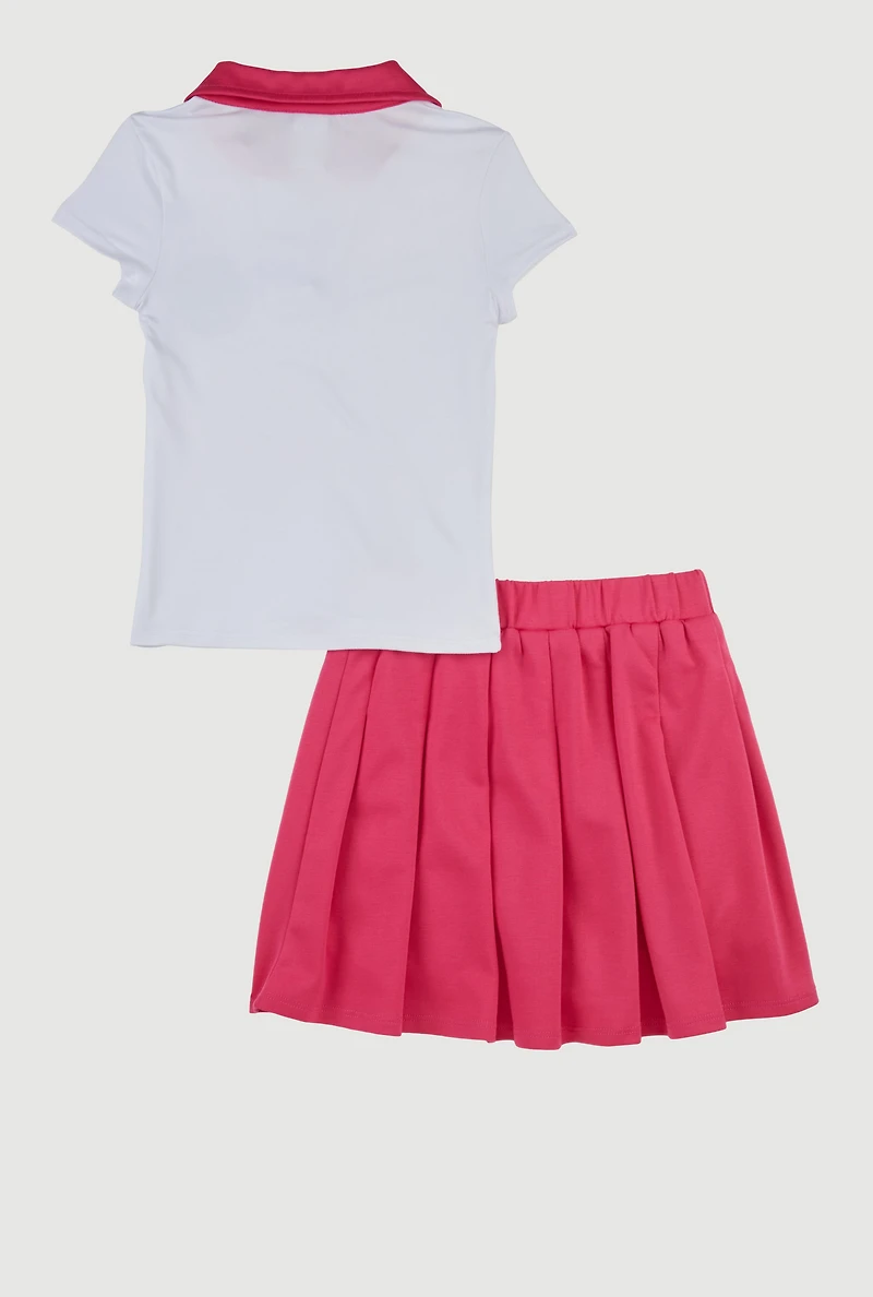 Little Girls Rhinestone Smiley Polo Shirt and Pleated Skirt, Pink, Size 6X