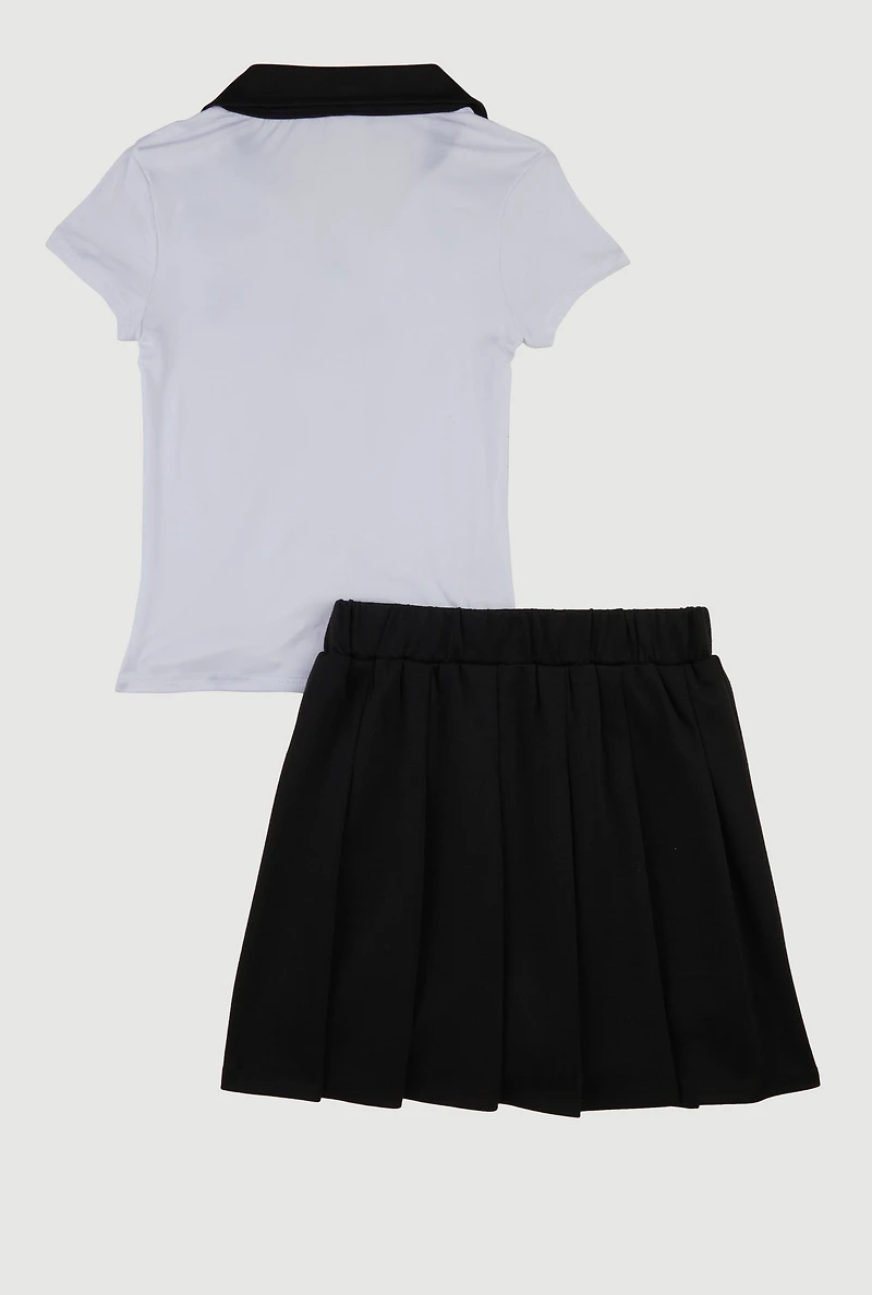Little Girls Rhinestone Bear Polo Shirt and Pleated Skirt, Black, Size 6X