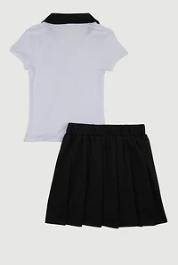 Little Girls Rhinestone Bear Polo Shirt and Pleated Skirt, Black, Size 4