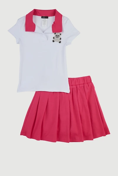 Little Girls Rhinestone Bear Polo Shirt and Pleated Skirt, Pink, Size 4