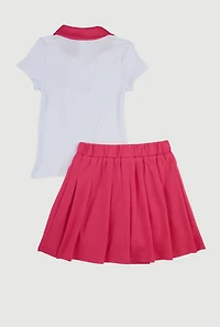 Little Girls Rhinestone Bear Polo Shirt and Pleated Skirt, Pink, Size 4