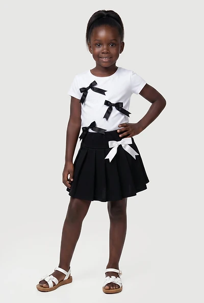 Little Girls Short Sleeve T-Shirt and Pleated Skirt with Bows