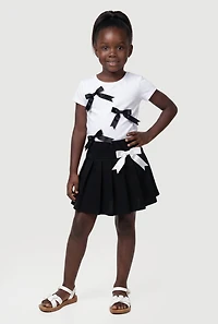 Little Girls Short Sleeve T-Shirt and Pleated Skirt with Bows