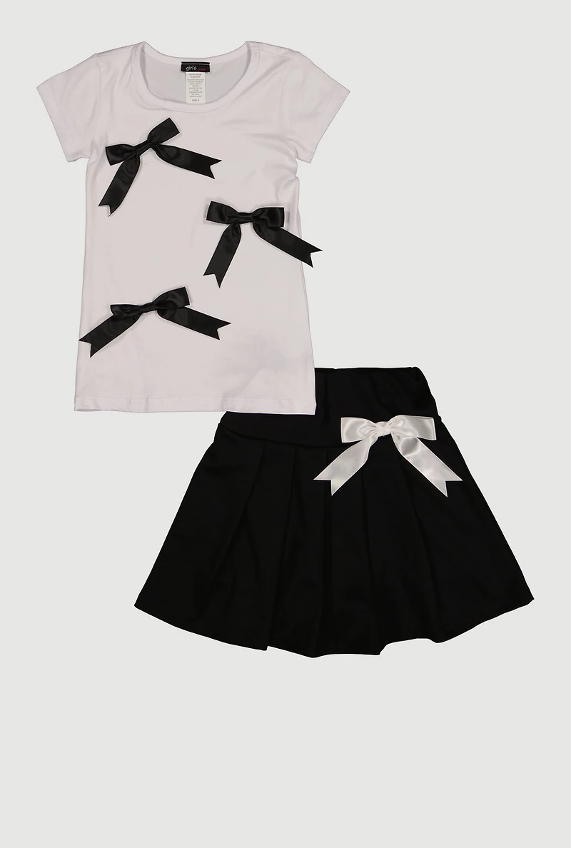 Little Girls Short Sleeve T-Shirt and Pleated Skirt with Bows