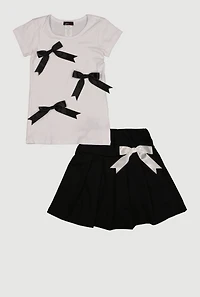 Little Girls Short Sleeve T-Shirt and Pleated Skirt with Bows