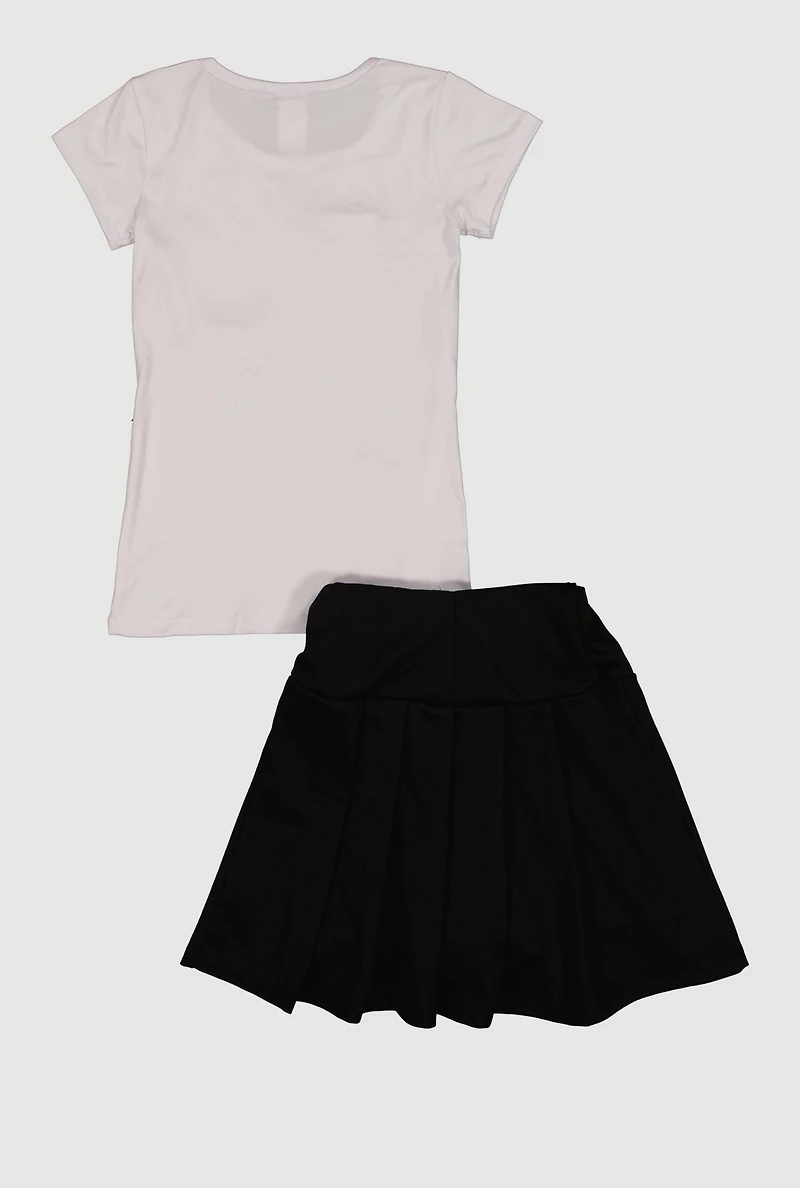 Little Girls Short Sleeve T-Shirt and Pleated Skirt with Bows