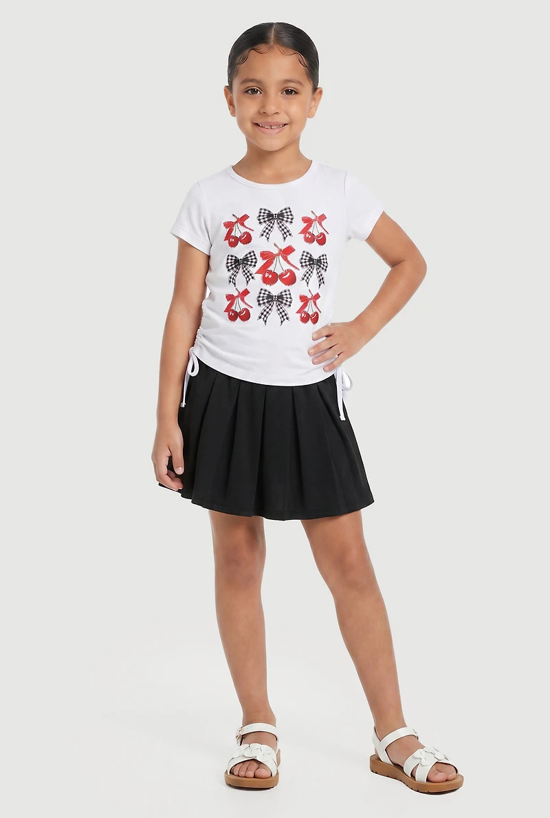 Little Girls Cherry Bow Graphic Tee and Pleated Skirt