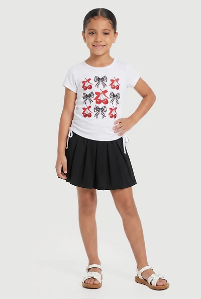 Little Girls Cherry Bow Graphic Tee and Pleated Skirt