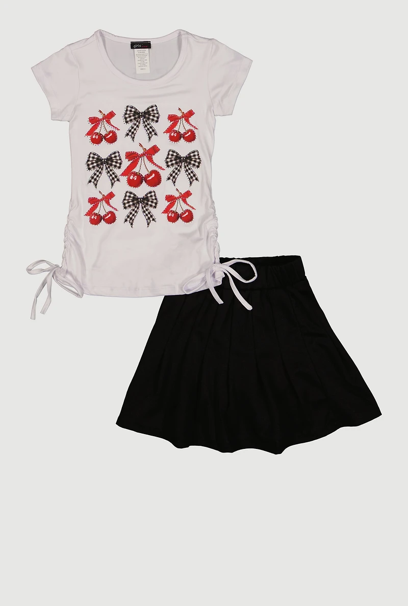 Little Girls Cherry Bow Graphic Tee and Pleated Skirt