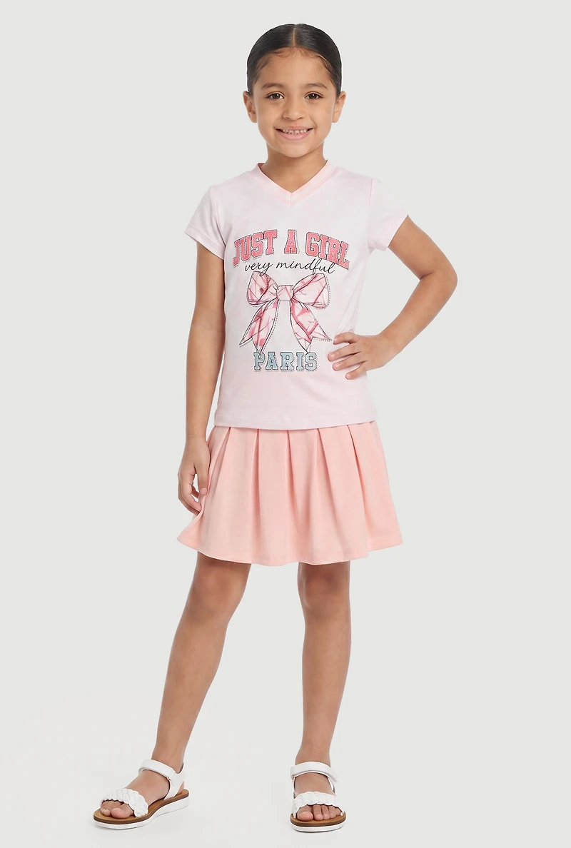 Little Girls Rhinestone Just A Girl Graphic Tee and Pleated Skirt