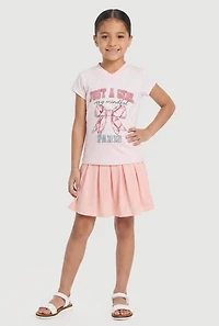 Little Girls Rhinestone Just A Girl Graphic Tee and Pleated Skirt