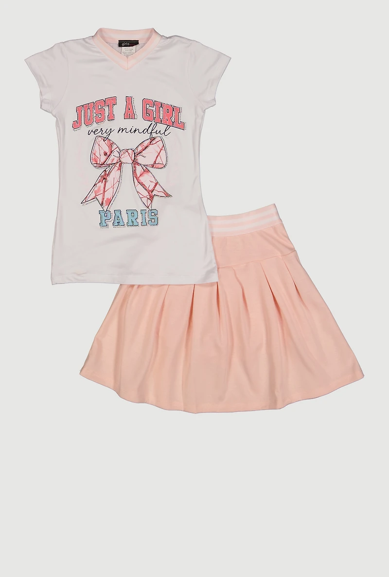 Little Girls Rhinestone Just A Girl Graphic Tee and Pleated Skirt