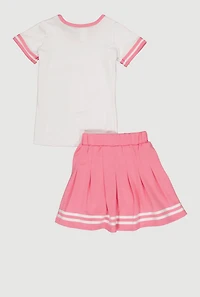 Little Girls Cherry Bow Graphic Tee and Pleated Skirt with Hat