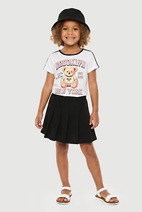 Little Girls Brooklyn New York Teddy Bear Tee and Pleated Skirt Set