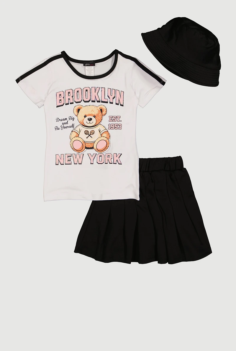 Little Girls Brooklyn New York Teddy Bear Tee and Pleated Skirt Set