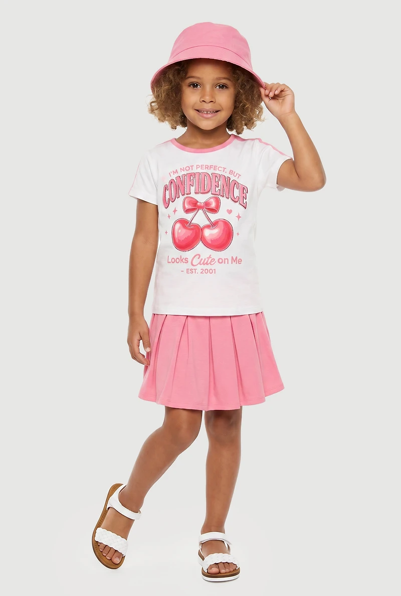 Little Girls Confidence Looks Cute Graphic Tee and Pleated Skort with Bucket Hat